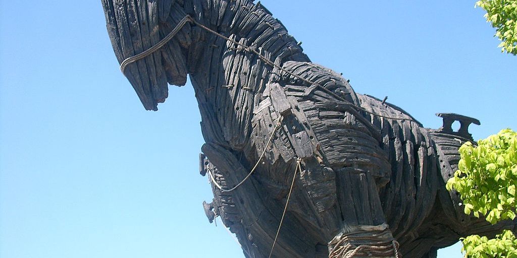 courtroom with a wooden Trojan horse